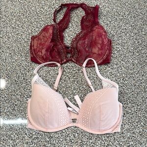 (2) 32DD Victoria’s Secret Bras Elegant Lace and Mesh Bra Set Burgundy and Pink